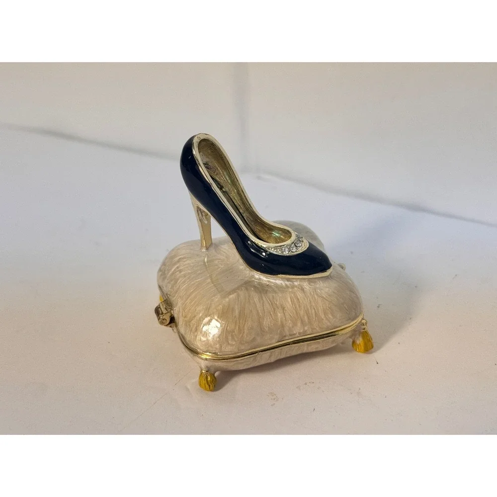 Black High Heel Stiletto on Pillow Enameled Trinket Box Gold Tone Rhinestone